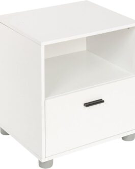 modern Amenities Bedside Table, Side Table with Drawer, Handle, Open Compartment, End Table, for Bedroom, Living Room, Classic White