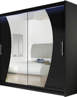Wardrobe with 2 Sliding Doors for Bedroom - Modern Wardrobe with Mirror, and Shelves -Black Color